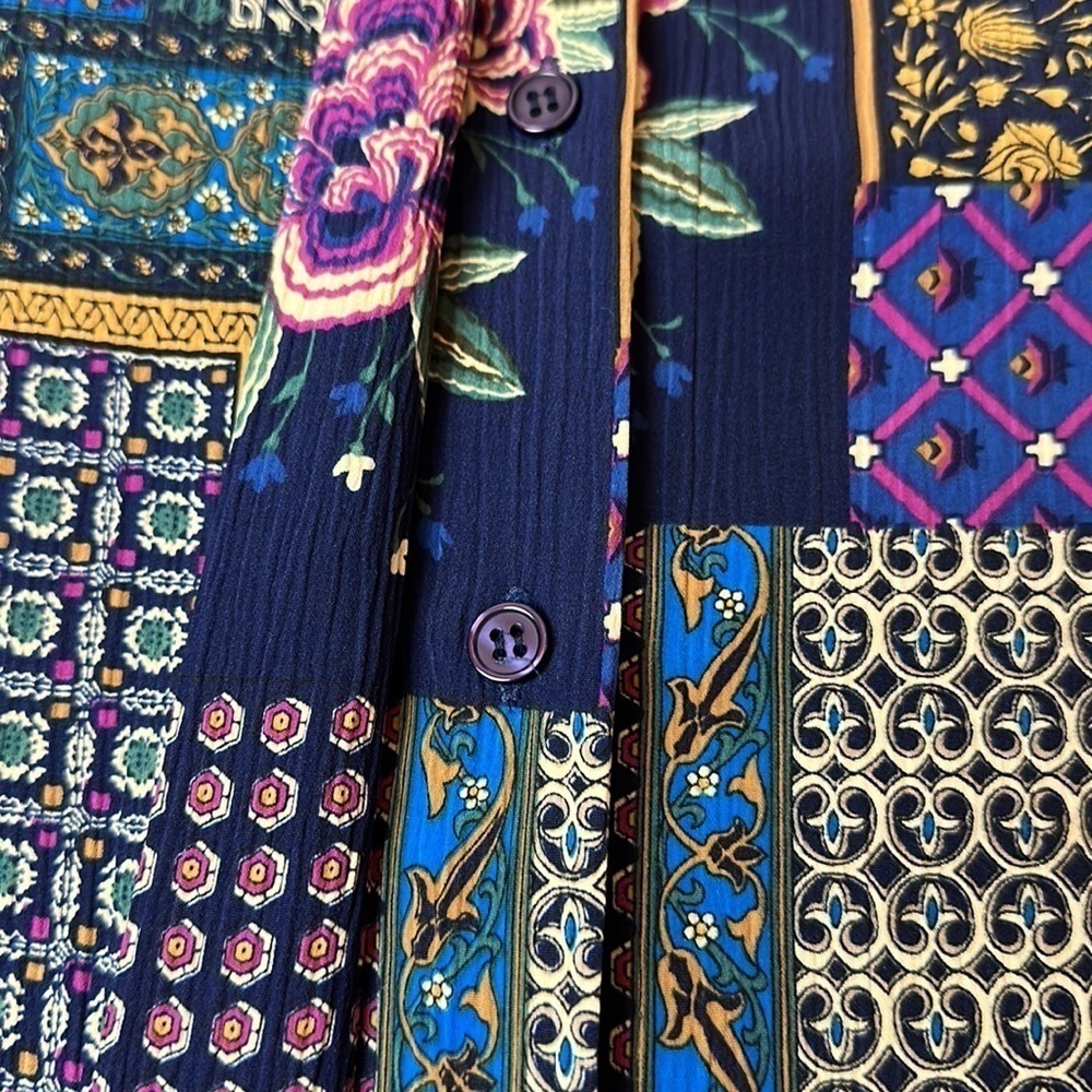 Patchwork Tapestry Boho Blouse | Hidden Button Front · 90s Art-to-Wear - Picture 3 of 11